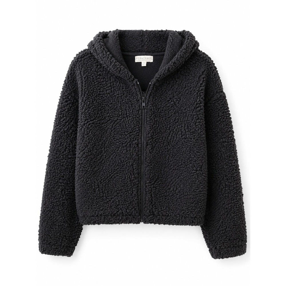 PJ Salvage Womens Sherpa Zip Up Hoodie Black Oversized Faux Fur Jacket Large NWT - Picture 1 of 9